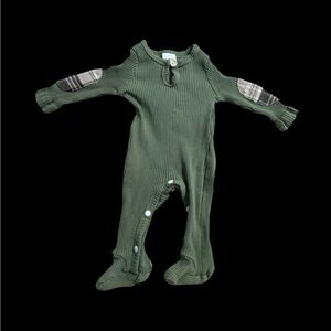 Olive Kids Ribbed Footie with Plaid Patches